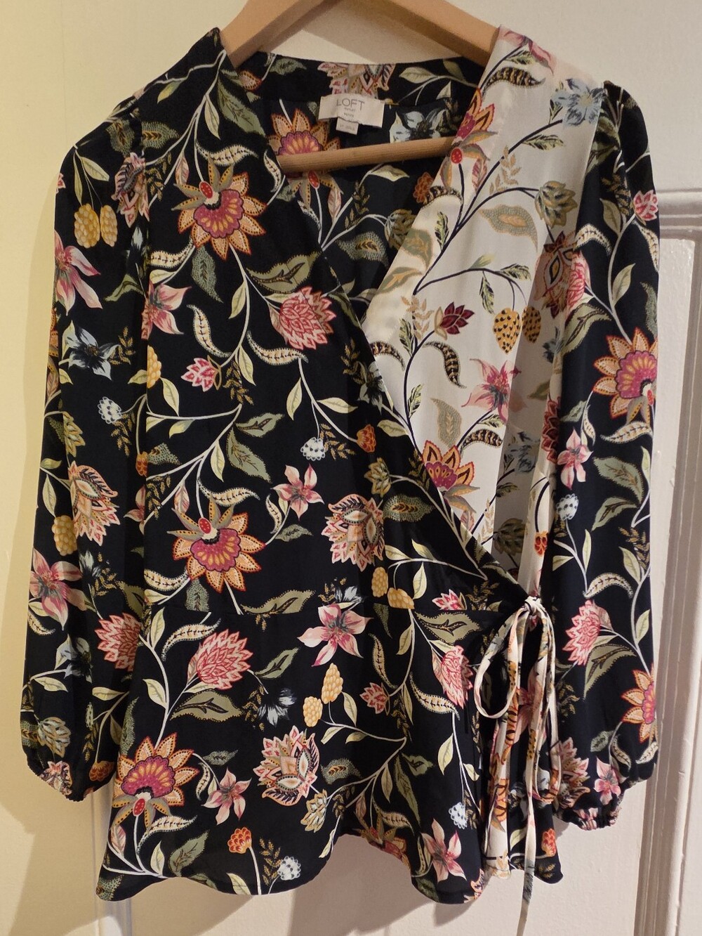 Loft Floral Wrap Blouse in Navy Blue with Pink & Mustard Flowers